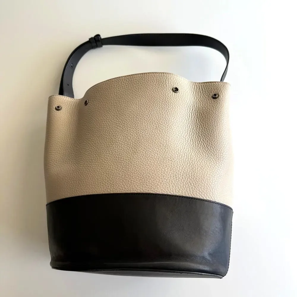 Dagne Dover Ava Bucket Bone Onyx Snap Divided Compartment Leather‎ Shoulder Bag